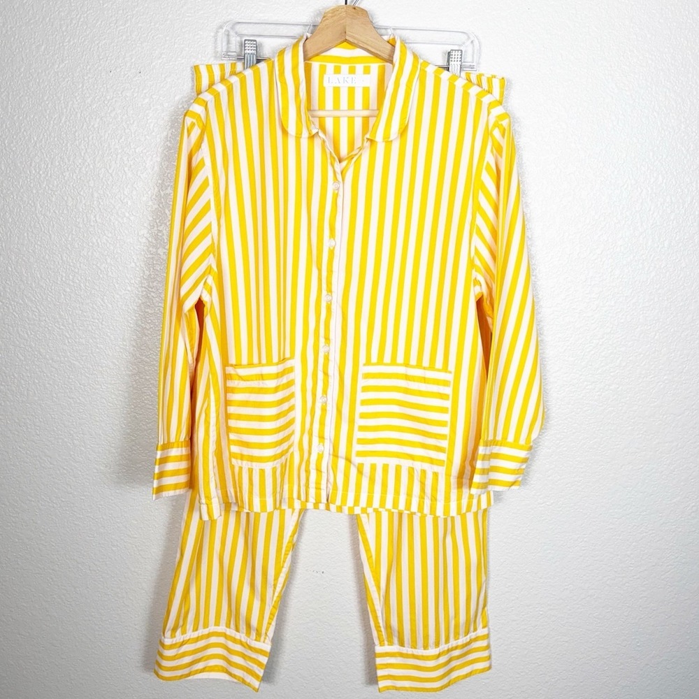 LAKE Poplin Piped Long-Long Pajama Set Size L Yellow Zest Beam Striped Cotton